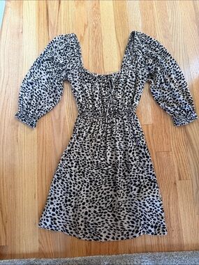 Billabong Smocked Animal Print Puff Sleeve Dress - Black & Cream